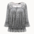 women autumn elegant lace shoulder blouse snow washed graphite gray rayon crinkle fashion top with ruffled cuff and flare bottom